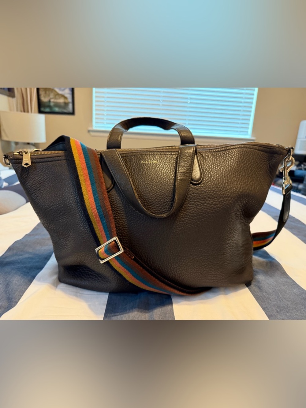 Paul Smith Black Textured Leather Tote with Multicolor Stripe Strap